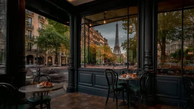 Paris, France, Europe. A vivid portrayal of a Parisianstyle cafe with a panoramic view of the Eiffel Tower in the background. The cafes interior features ornate, dark wooden furniture.