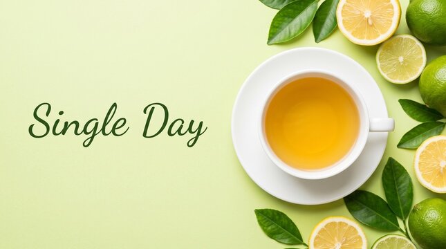 Cup of citrus tea on a green background. Refreshing herbal beverage with fresh lemon and lime slices.