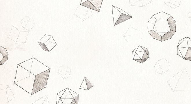 Geometric polyhedron illustration with floating wireframe shapes on white background