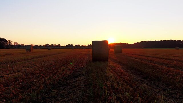 Hay bales in field at sunrise, backward drone flight
