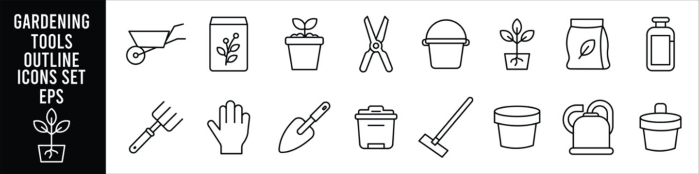 Minimal gardening tools outline icon set featuring wheelbarrow fertilizer bag plant pot pruning shears bucket rake trowel watering can and garden equipment