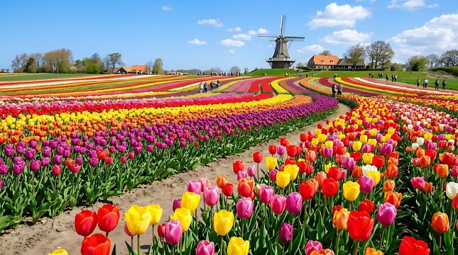 A vibrant landscape of colorful tulip fields in full bloom with a traditional dutch windmill under a bright blue sky in spring