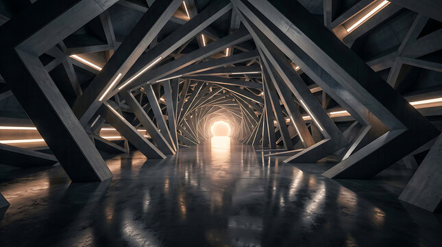Abstract geometric tunnel hallway with bright light portal at the end geometric abstract futuristic corridor architecture reflective