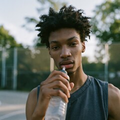 Fototapeta premium Young athlete drinking from water bottle on outdoor court in sleeveless top for fitness lifestyle background and sports banner