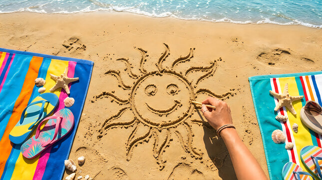 Person drawing a happy sun in the sand at the beach