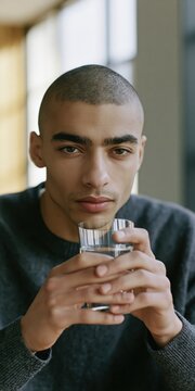Portrait of young man holding two glasses of water for hydration wellness lifestyle background and minimal design use