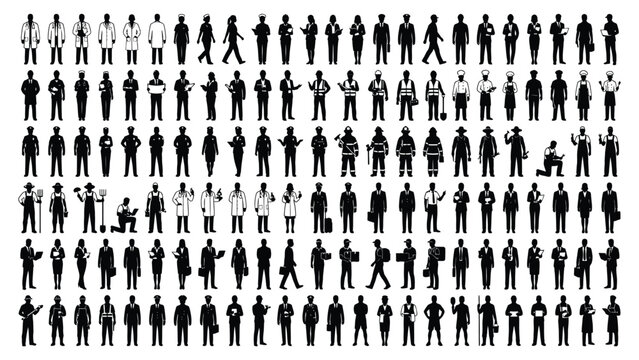 People silhouettes stand in a structured grid representing diverse professional roles and occupations in a minimalist style.