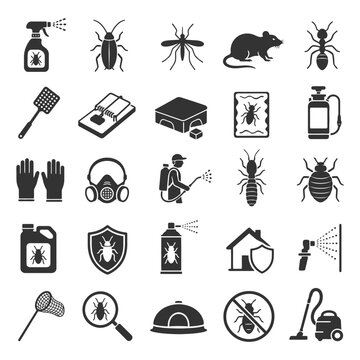 Pest control icons: insects, rodent, spray, trap, protection, tools.