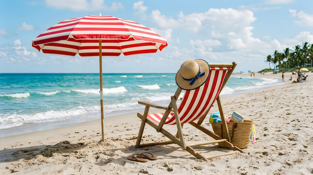 Striped beach umbrella and lounge chair on sunny sandy beach