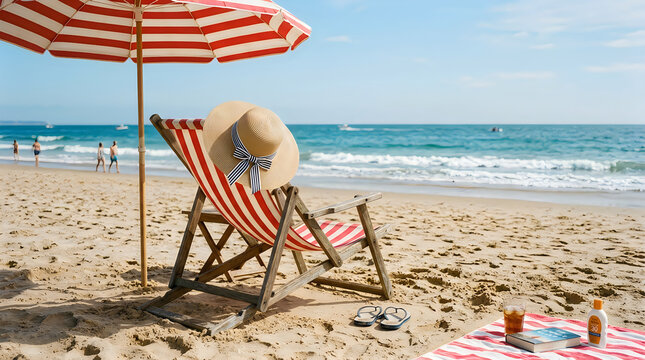 Striped beach chair and umbrella on a sunny tropical beach