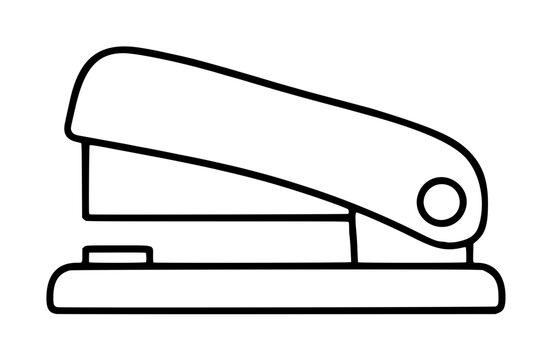 Hand-drawn black line stapler vector icon illustration on white background, minimalist office supply outline with hinged top arm and pivot point, simple flat design for stationery and document themes
