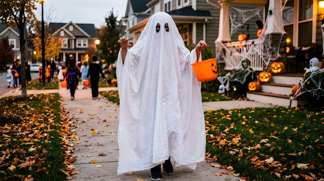 Child in ghost costume trick or treating on halloween night