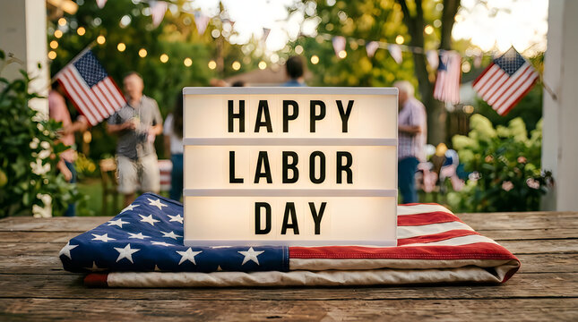 Happy labor day sign with american flag on wooden table