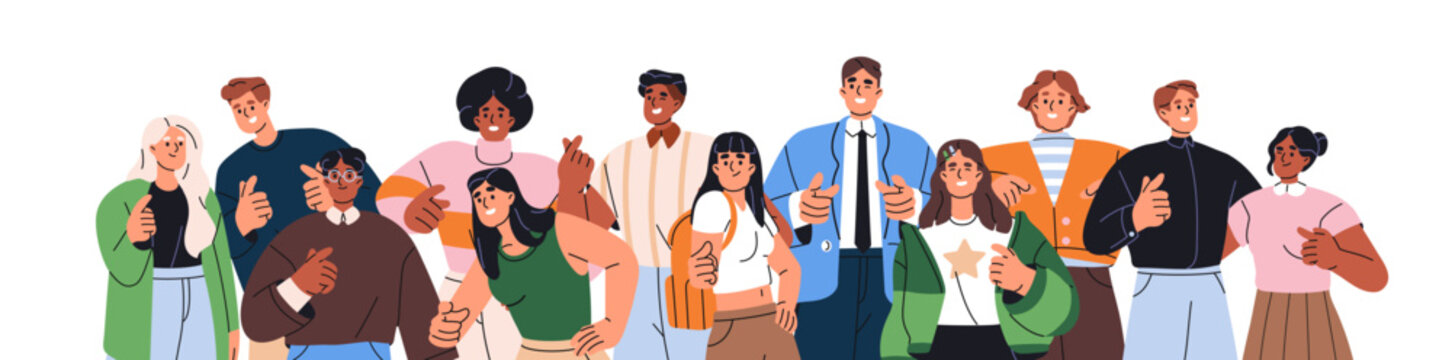 Group of happy people pointing at you. Men and women are showing forward with fingers together. HR team recruits, indicates choice with hand gesture. Flat isolated vector illustration on white