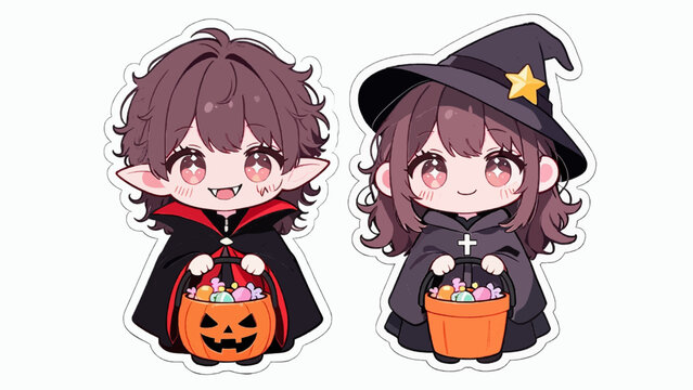 Cute chibi witch with pink twin ponytails and vampire in red‑lined cape, both holding pumpkin candy buckets in festive Halloween style.