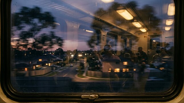View from train window at night reflecting interior.