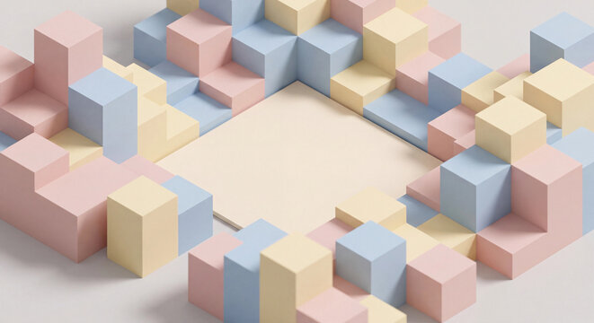 pastel cube frame illustration with pink blue and yellow blocks around blank center
