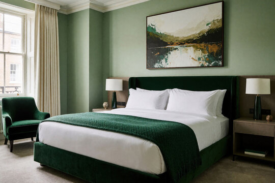 Luxury hotel room features plush green velvet king bed with crisp white linens and emerald throw. Adjacent armchair and abstract art complete chic interior design for elegant guest stay.