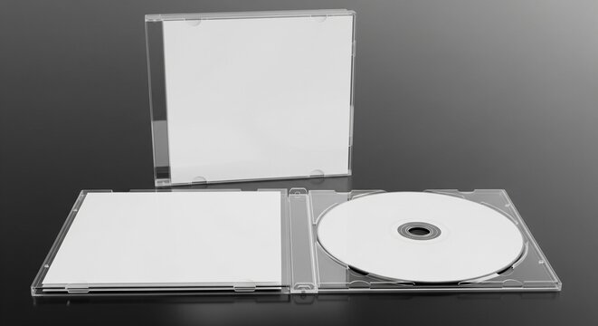 Blank CD and DVD case mockup with open and closed covers on a smooth dark grey reflective surface for professional branding