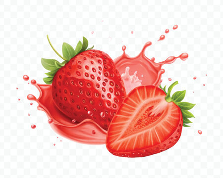 whole strawberry and slice with red juice splashes isolated on white background	
