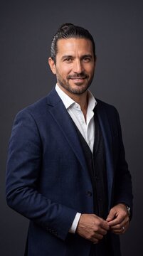 A smiling young businessman with a groomed beard wears a tailored navy blue blazer while posing confidently during a professional corporate photography session for his personal leadership brand