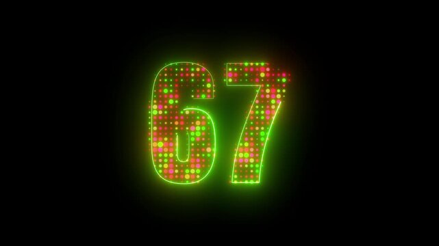 Digital countdown number 67 formed by vivid light dots and neon edge