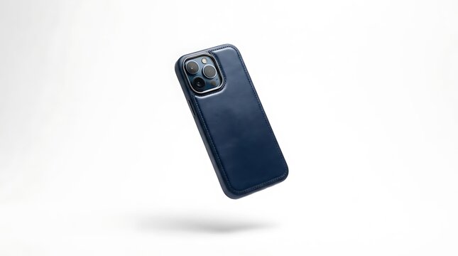 Modern blue leather smartphone case protecting a high end mobile device floating in the air studio shot. leather iphone case