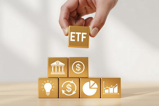 Hand placing etf block on finance stack
