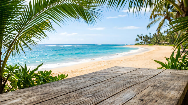 Empty wooden table overlooking a beautiful tropical beach