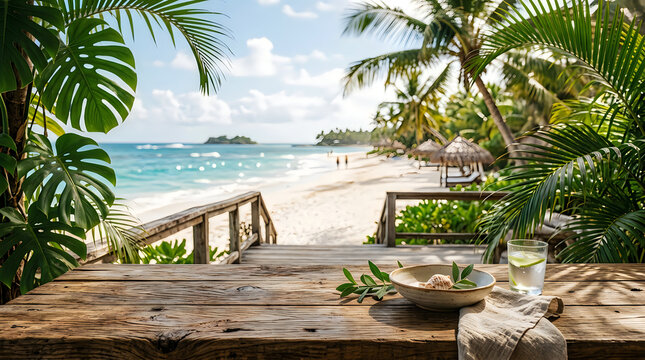 Tropical beach view from a wooden terrace with food and drink