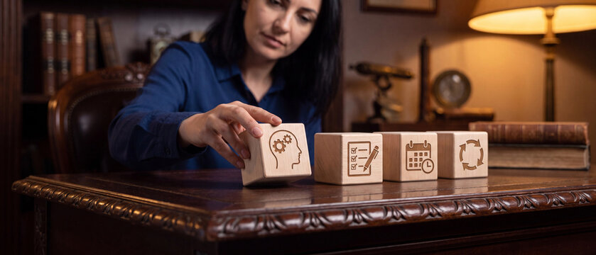 Businesswoman placing a wooden block with a gearfilled head icon on a desk, representing strategic planning and process management