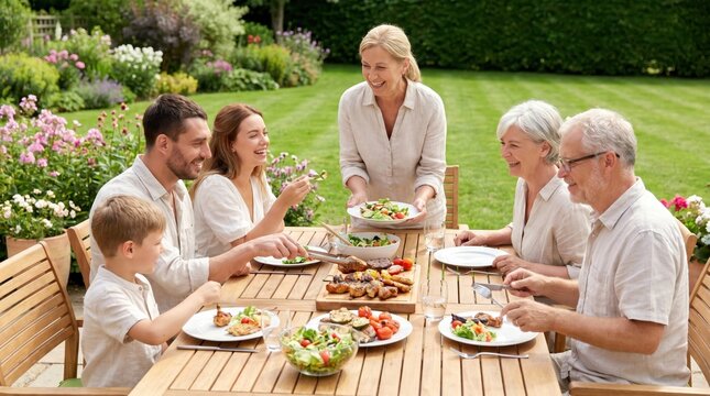 Family Enjoying Summer Bank Holiday Feast Outdoors