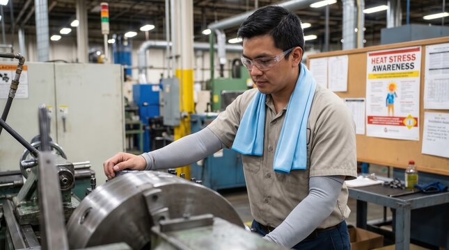 Factory Worker With Cooling Towel for Heatwave Safety