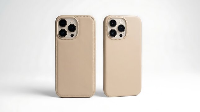 Two beige leather phone cases for modern smartphone devices standing upright for product presentation. leather iphone case