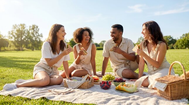 Friends Enjoying Sandwiches on Summer Bank Holiday Picnic