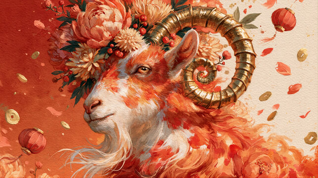 Mythical Red Goat with golden horns adorned peony flowers and paper lanterns. 2027 Year of the Fire Goat. Chinese New Year celebration. Watercolor illustration art for poster, card