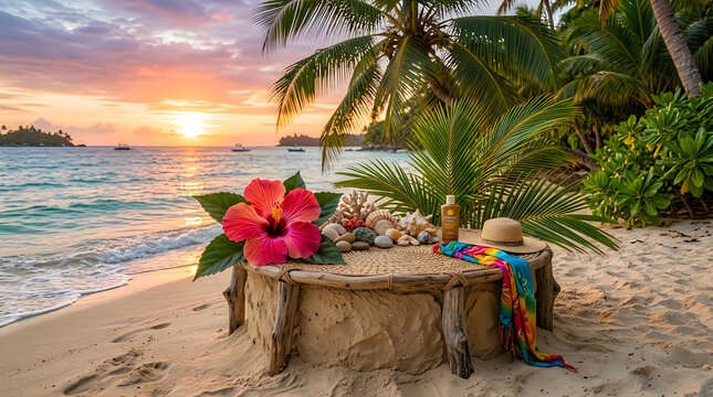 Red hibiscus flower on a wooden table at sunset beach