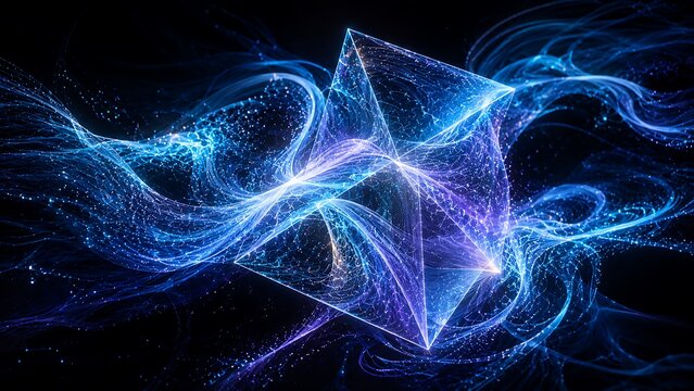 Invisible Wind Visualized as Holographic Energy Ribbons Sculpting Crystalline Geometry  Futuristic Technology Background