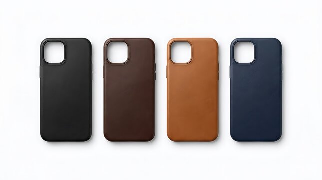 Four different colorful leather phone cases for modern mobile smartphones arranged in a straight row. leather iphone case