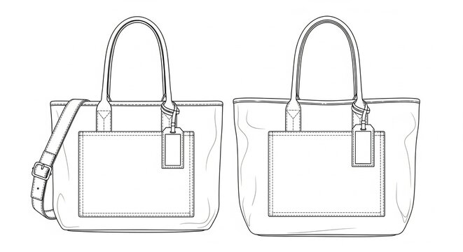 Front and back view flat vector illustration of a stylish leather tote bag with shoulder strap and luggage tag in white