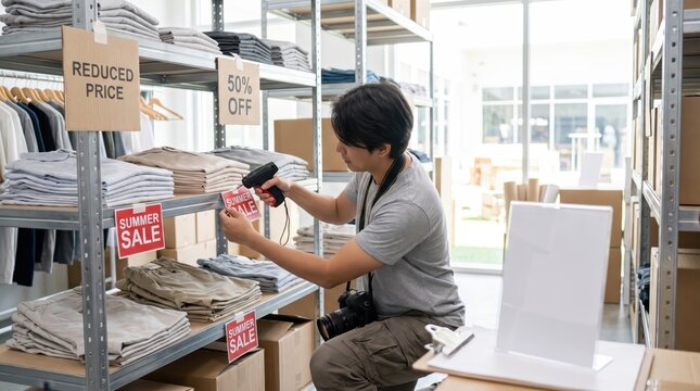 Man Scanning Sale Tags for End Of Summer Retail & Clearance Campaign Kits