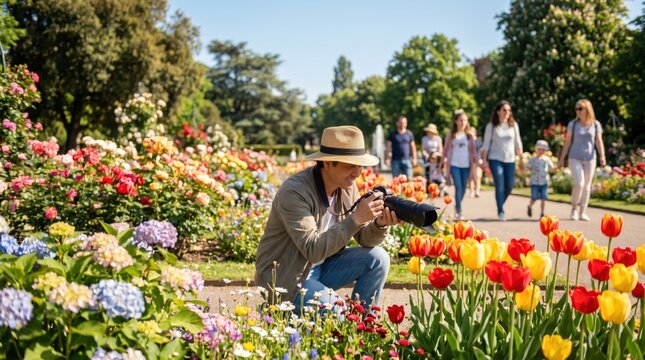 Man photographing colorful flowers in a garden