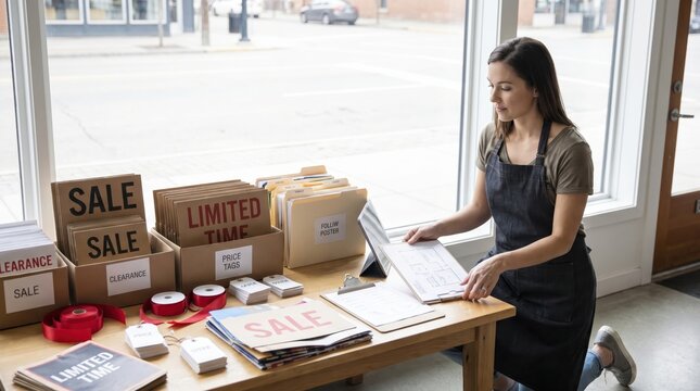 Retail Associate Prepares For End Of Summer Sale Campaign Kits