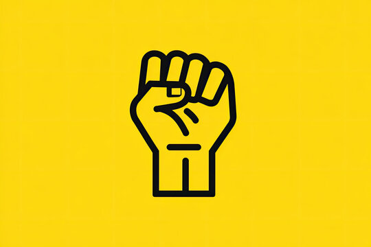 Raised fist gesture linear icon yellow background . Thin line illustration. Squeezed hand. Contour symbol. Vector isolated outline drawing 