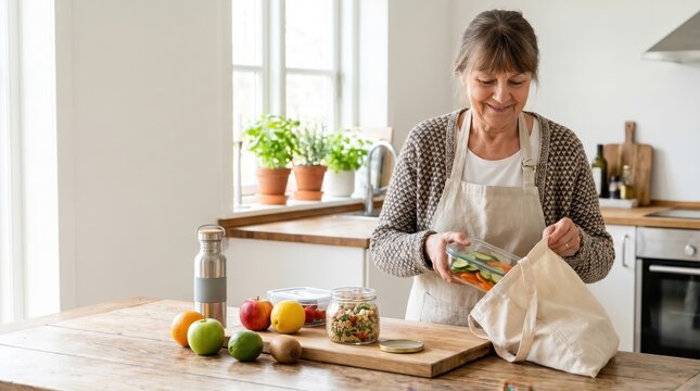 Senior Woman Packing Healthy Food for Senior Citizen Day