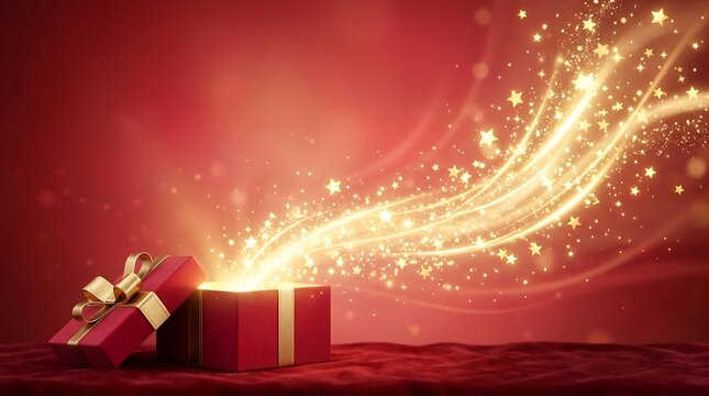 A red gift box open on a dark surface with magical golden light sparks flowing out against a deep red background