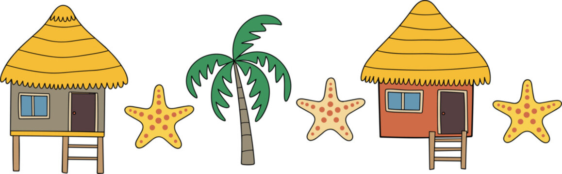 Tropical beach resort vector icons set with bungalow bungalows, palm tree, starfishes for summer vacation travel