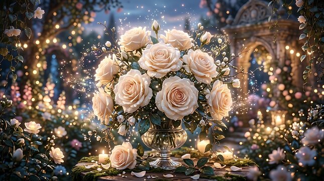 A beautiful bouquet of soft pink roses displayed in a magical garden setting filled with twinkling fairy lights and ethereal atmosphere