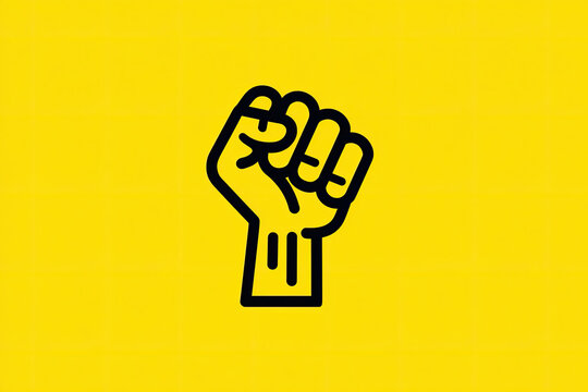 Raised fist gesture linear icon yellow background . Thin line illustration. Squeezed hand. Contour symbol. Vector isolated outline drawing 