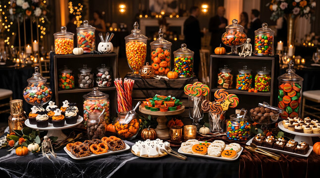 Elegant Halloween candy buffet at a formal gala event featuring apothecary jars with sweets and spooky treats like ghost cupcakes and pumpkin cookies on a dark luxury dessert table setup festive